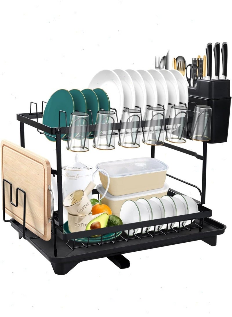 Double Tier Dish Drying Rack, Dish Drainer with Drip Tray & Swivel Drainage Spout, Utensil Holder, Cup Holder, Cutting-Board Holder and Plate Holder Stand for Kitchen Counter - Quick Install - Image 1